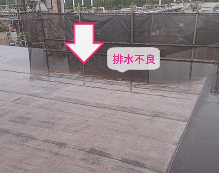 神戸市灘区の屋上で排水不良で水溜まりが出来ている様子