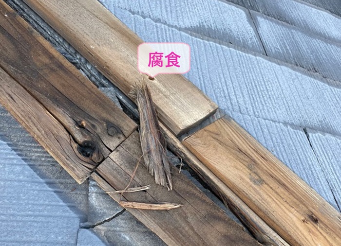 寄棟カラーベスト屋根板金の棟木が腐食している様子
