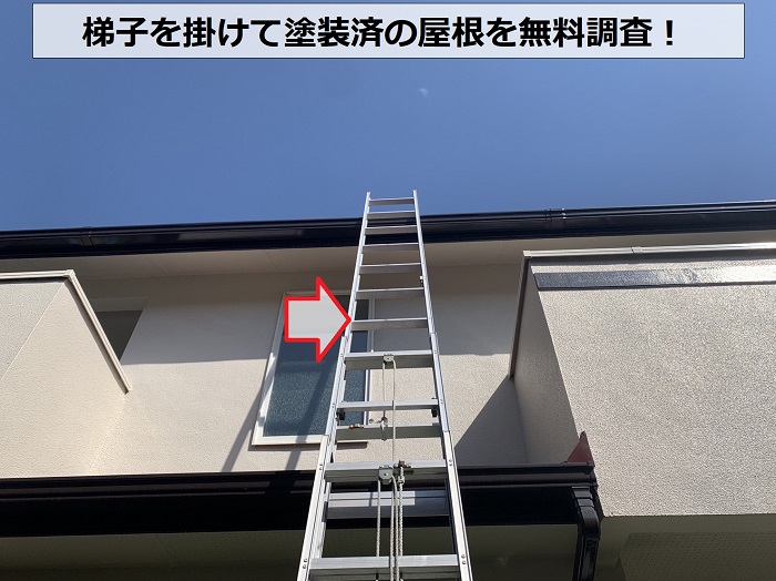 梯子を掛けて塗装済の屋根を調査する様子