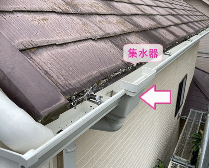 シルビスケアP50を用いた雨樋工事で雨樋の排水部分に集水器を取り付けている様子