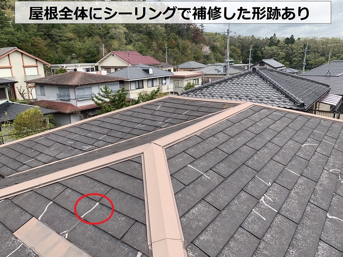 ノンアスベスト屋根全体にシーリングで補修した形跡あり