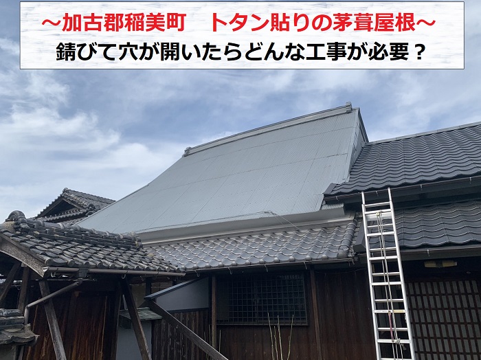 加古郡稲美町でトタン貼りの茅葺屋根を無料点検する現場の様子