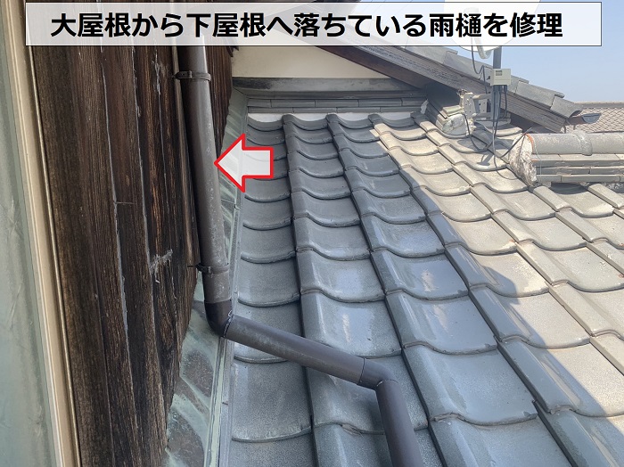 大屋根から下屋根へ落ちている雨樋を修理する