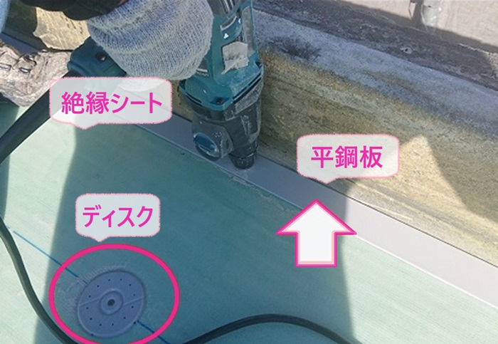 陸屋根シート防水工事で絶縁シートを貼って平鋼板とディスクを取り付けている様子