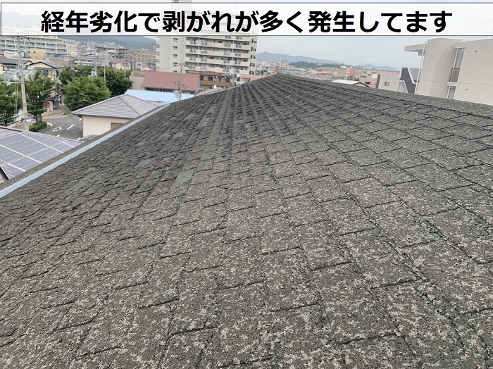 RC造のアスファルトシングル屋根は経年劣化で剥がれが多く発生している様子