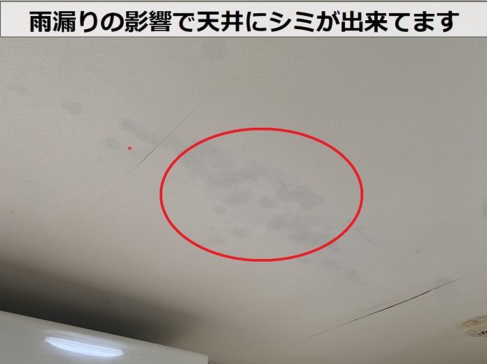 雨漏りの影響で３階建てのお家の天井にシミが出来ている様子