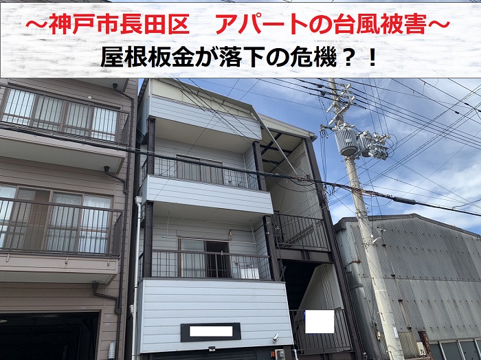 神戸市長田区で台風被害！アパートの屋根板金が落下の危機？！