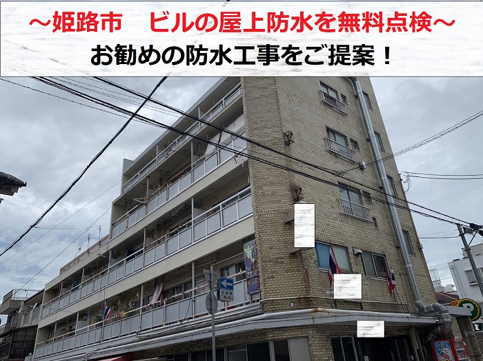 姫路市のビルで屋上防水の無料点検を行う現場の様子