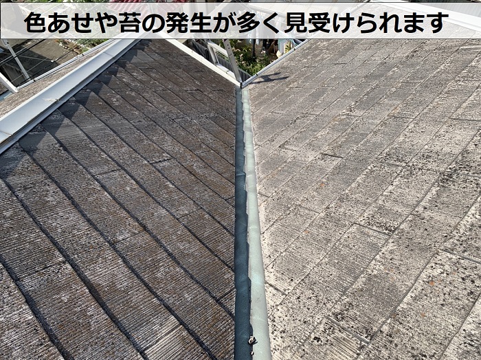ＳＧＬ鋼板屋根材を用いてカバー工事するスレート屋根は色あせやひび割れが多く発生している様子