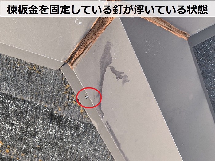 神戸市西区で棟板金を固定している釘が浮いているのを発見