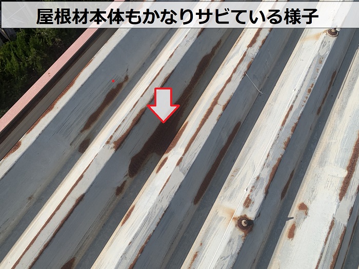 折板屋根からの雨漏り相談で屋根調査をしていると折板屋根が錆びているのを発見