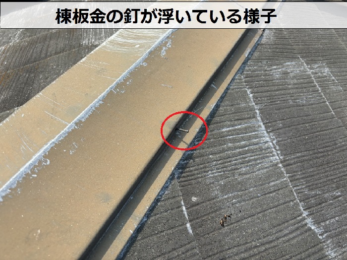 訪問業者に屋根材の割れを指摘された現場で点検していると棟板金の釘が浮いているのを発見
