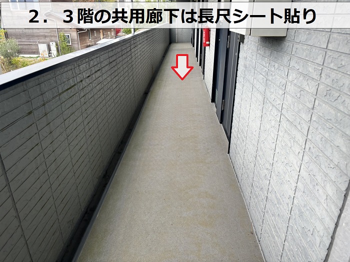 神戸市北区でアパートの共用廊下階段を無料点検している現場で長尺シートの様子を確認
