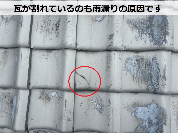 宝塚市で雨漏りしている瓦屋根の無料診断で割れを発見