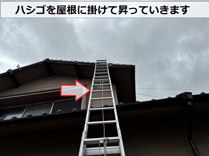 姫路市で瓦屋根に地震対策が必要か点検するためにハシゴを掛けている様子
