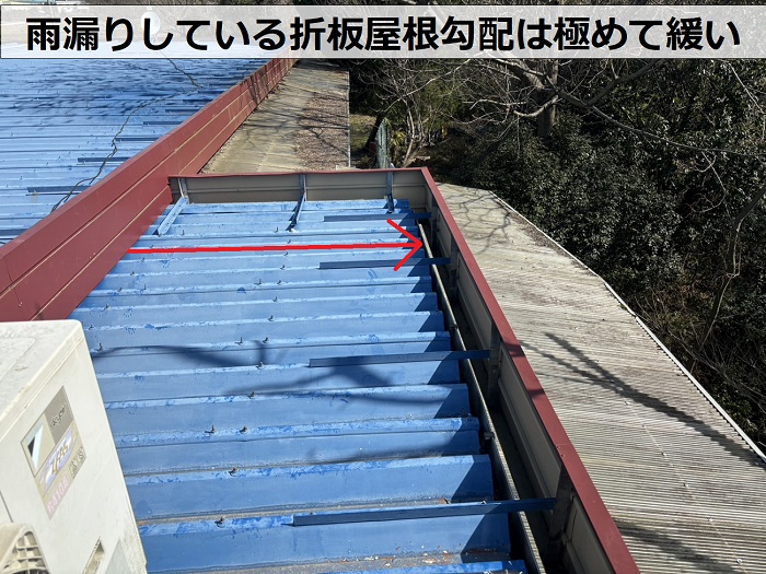 三田市の商業施設で雨漏りしている折板屋根の勾配が緩いことが判明