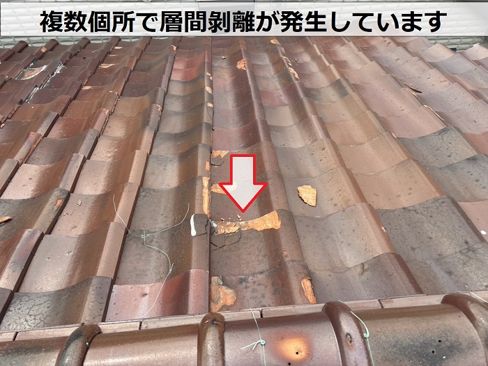 日本瓦は複数個所で層間剝離が発生している様子