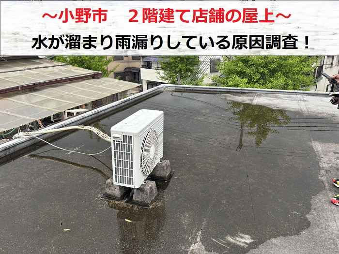 小野市　2階建て店舗の屋上調査！水が溜まり雨漏りしている原因とは？