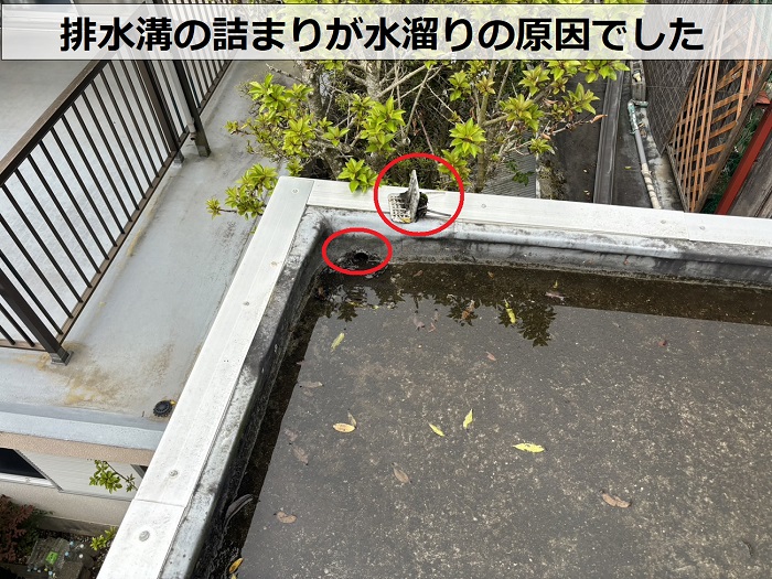 小野市で２階建て店舗の屋上水溜りの原因は排水溝の詰まり