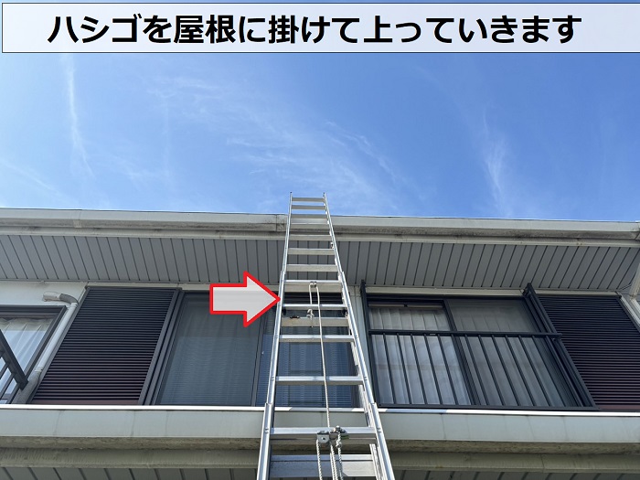 小野市で大和ハウス戸建ての平型スレート屋根にハシゴを掛けている様子