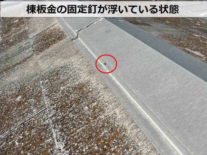 小野市の大和ハウス戸建てのスレート屋根無料点検で棟板金の固定釘が浮いている様子