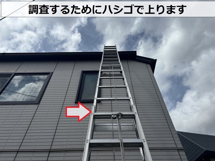 姫路市で８年前に塗装済のコロニアル屋根を無料調査する現場でハシゴ設置