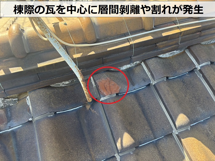 棟際の瓦を中心に層間剝離や割れが発生