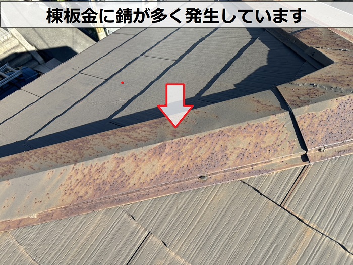 棟板金に錆が多く発生している様子