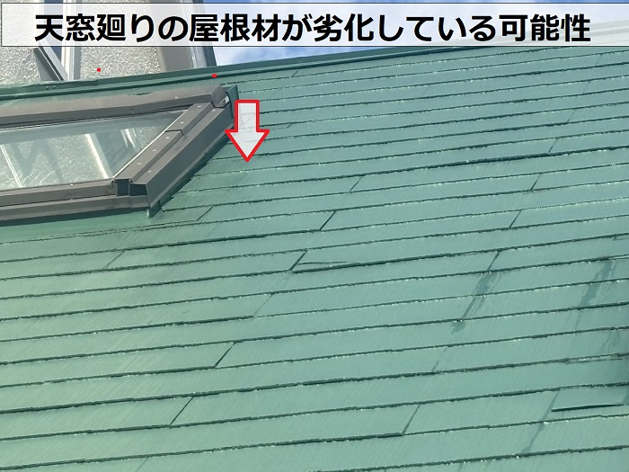 天窓廻りの屋根材が劣化している可能性