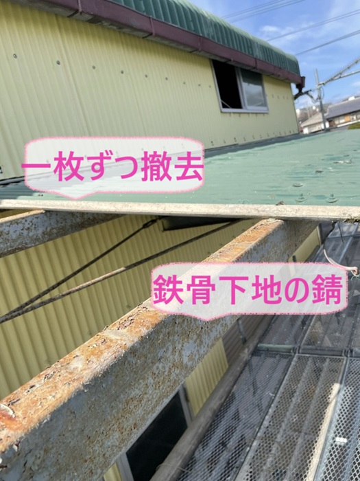 神戸市西区の農業倉庫で既存の波板スレート屋根を一枚ずつ撤去している様子
