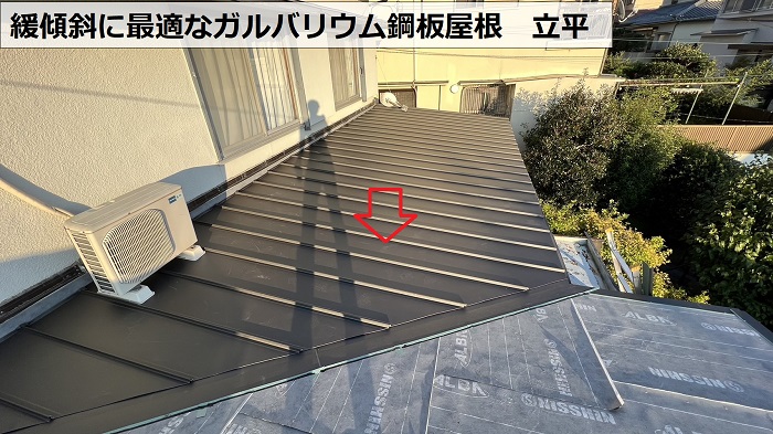 屋根工事で緩傾斜に最適なガルバリウム鋼板屋根　立平を葺いている様子