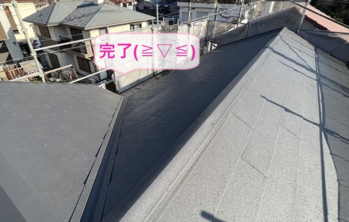 神戸市長田区で谷から雨漏りしている陶器瓦の貼り替えが完了した現場の様子