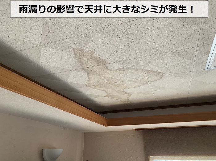 雨漏りの影響で天井にシミが出来ている様子