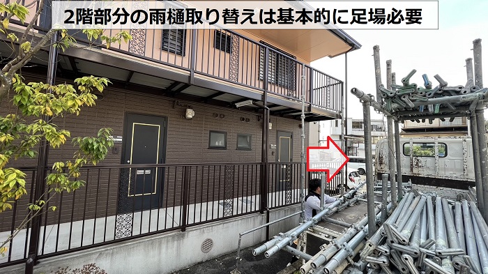 三田市アパートで雨樋取り替えを行う現場へ足場材を搬入