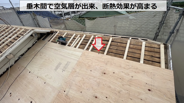 尼崎市での屋根通気断熱工事で屋根下地に空気層を設けた様子