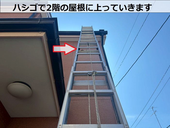屋根にハシゴを掛けている様子