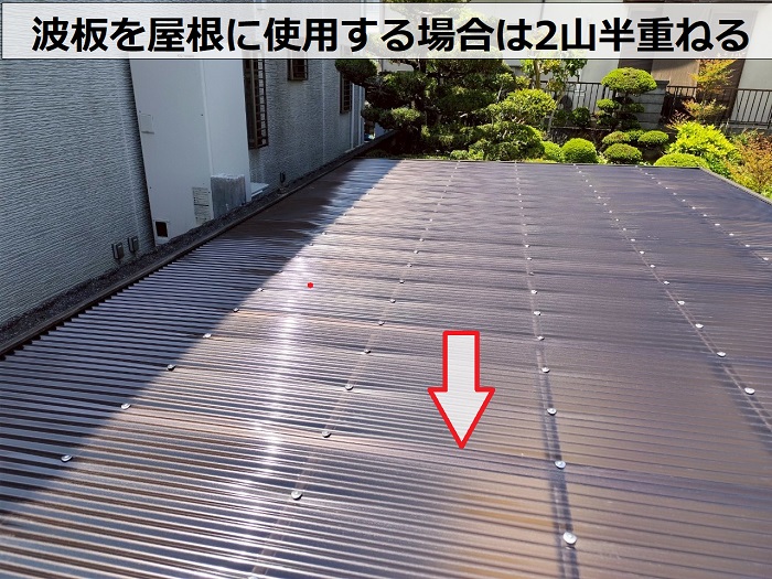 加西市でカーポート屋根の波板貼り替えでポリカ波板を使用する現場で波板重ね