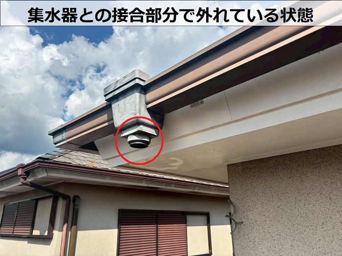 集水器の接合部分で竪樋が外れている様子
