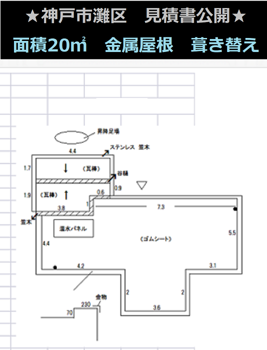 神戸市灘区　見積書公開！施工面積２０㎡　パラペット囲い　金属屋根葺き替え