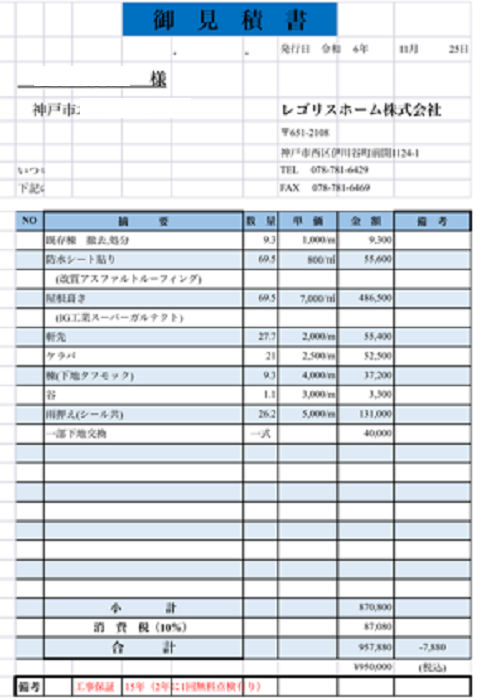 神戸市灘区で施工面積70㎡、下屋根の複雑形状屋根にカバー工法する現場の見積書