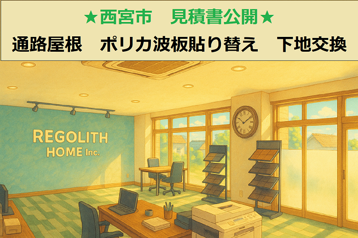 加古川市　見積書公開！通路屋根　ポリカ波板貼り替え　木下地取り替え