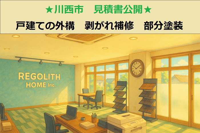 川西市　見積書公開！戸建ての外構　塀の剥がれ補修　部分塗装