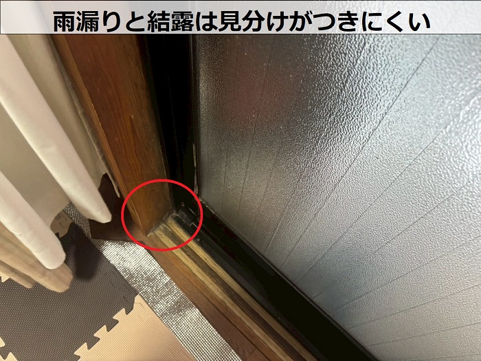 結露で濡れた窓枠