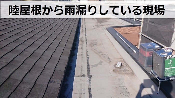 神戸市北区で陸屋根から雨漏りし防水工事を行う現場