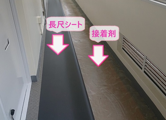 明石市で共用廊下に接着剤を塗ってタキロンQAシリーズの長尺シートを貼っている様子