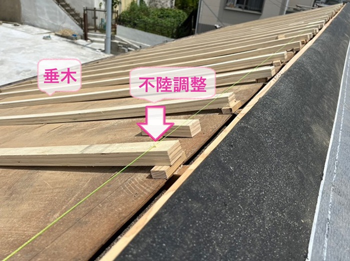 耐震化を行う安心リフォームで垂木を取り付けて不陸調整をしている様子