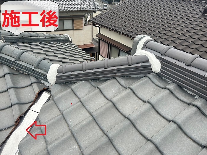 小野市で谷板金交換工事としてガルバリウム鋼板を用いて穴あきが原因の雨漏りを解消した後の様子
