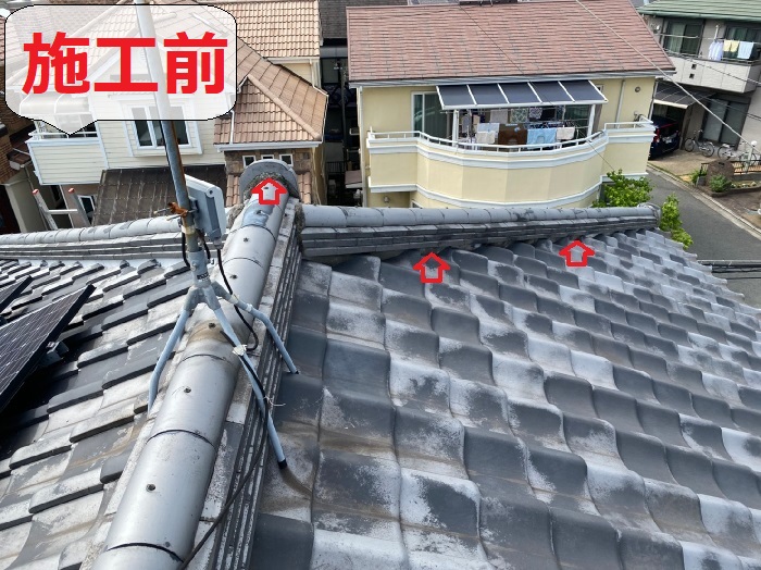 高砂市で和瓦屋根の漆喰詰め直し工事で雨漏り対策を行なう前の様子