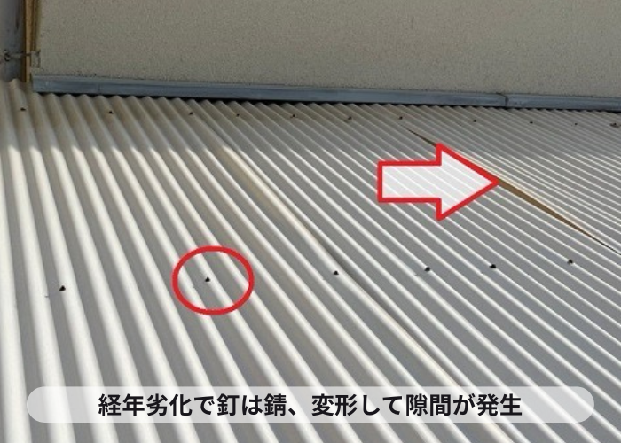 明石市　経年劣化で釘が錆びて塩ビ製の波板が変形