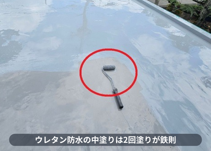 丹波篠山市　ガレージ上の防水工事としてウレタン防水通気緩衝工法で2回目の中塗り
